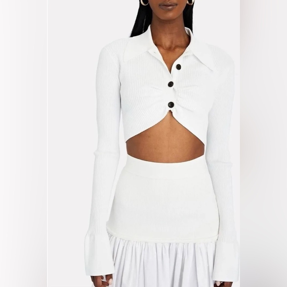 A.L.C. Ashlyn Crop Collared Ribbed Top in White